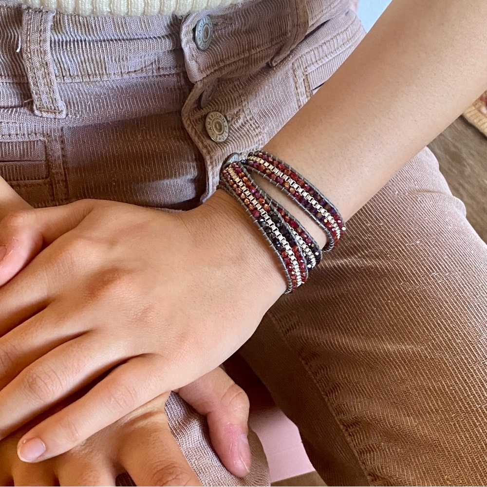 Handmade Glass Beads Silver and Leather Wrap Bracelet